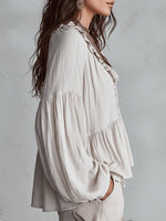 Women's Solid Color Retro Ruffled Casual Cotton Linen Shirt