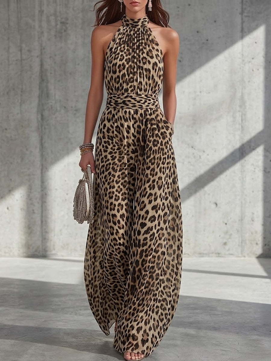 Women's Leopard Print Halter Neck Cinched Waist Wide-leg Jumpsuit