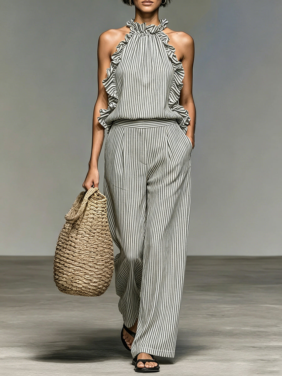 Women's Simple Ruffled Halter Top And Wide-leg Pants Striped Set