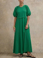Relax Fit Bubble Short Sleeve Midi Maxi Dress, Solid Color Raglan Sleeve A-line Swing Casual Summer Dress