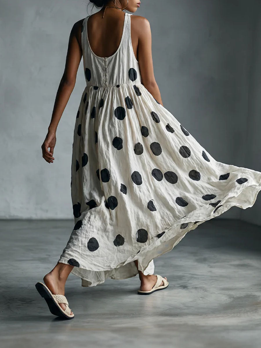 Women's Polka Dot Print V-neck Sleeveless Casual Loose Cotton-linen Dress