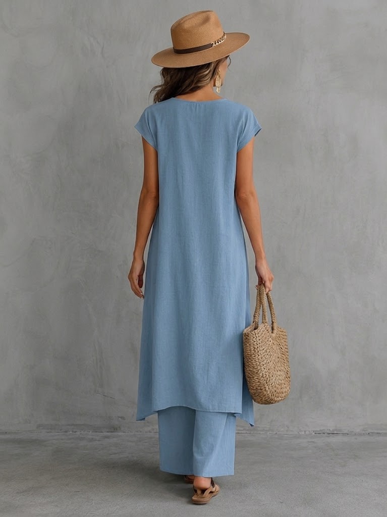 Casual Linen-cotton Long Top And Trousers Two-piece Set With Button Detailing