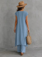 Casual Linen-cotton Long Top And Trousers Two-piece Set With Button Detailing