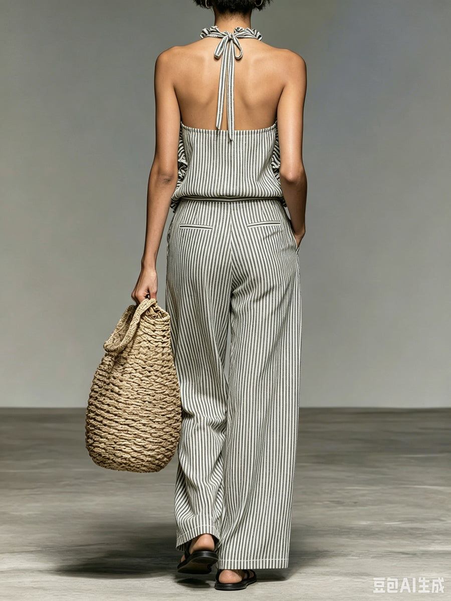 Women's Simple Ruffled Halter Top And Wide-leg Pants Striped Set