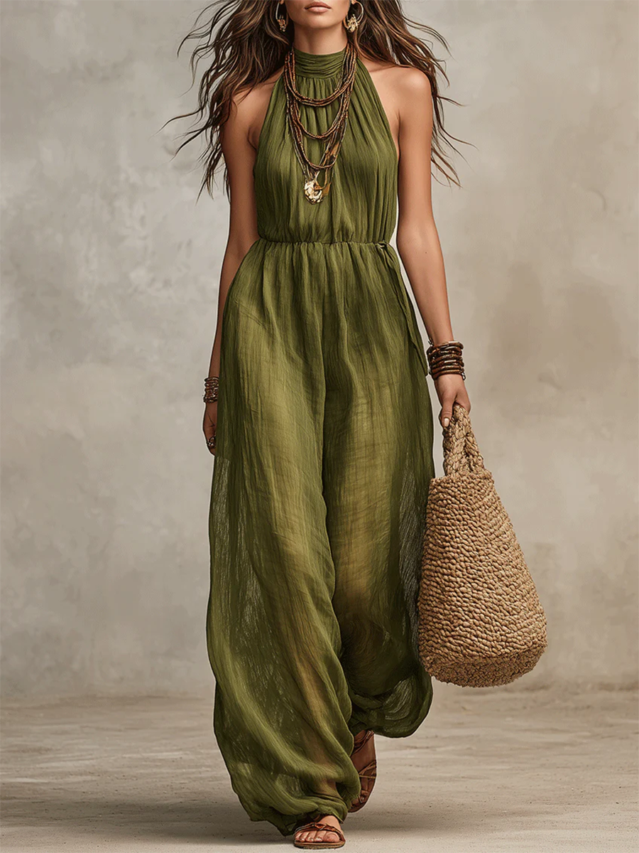 Boho Casual Olive Green Mock-neck Wide-leg Jumpsuit