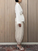 Women's Lazy Design Striped Lantern Pants Cotton And Linen Set