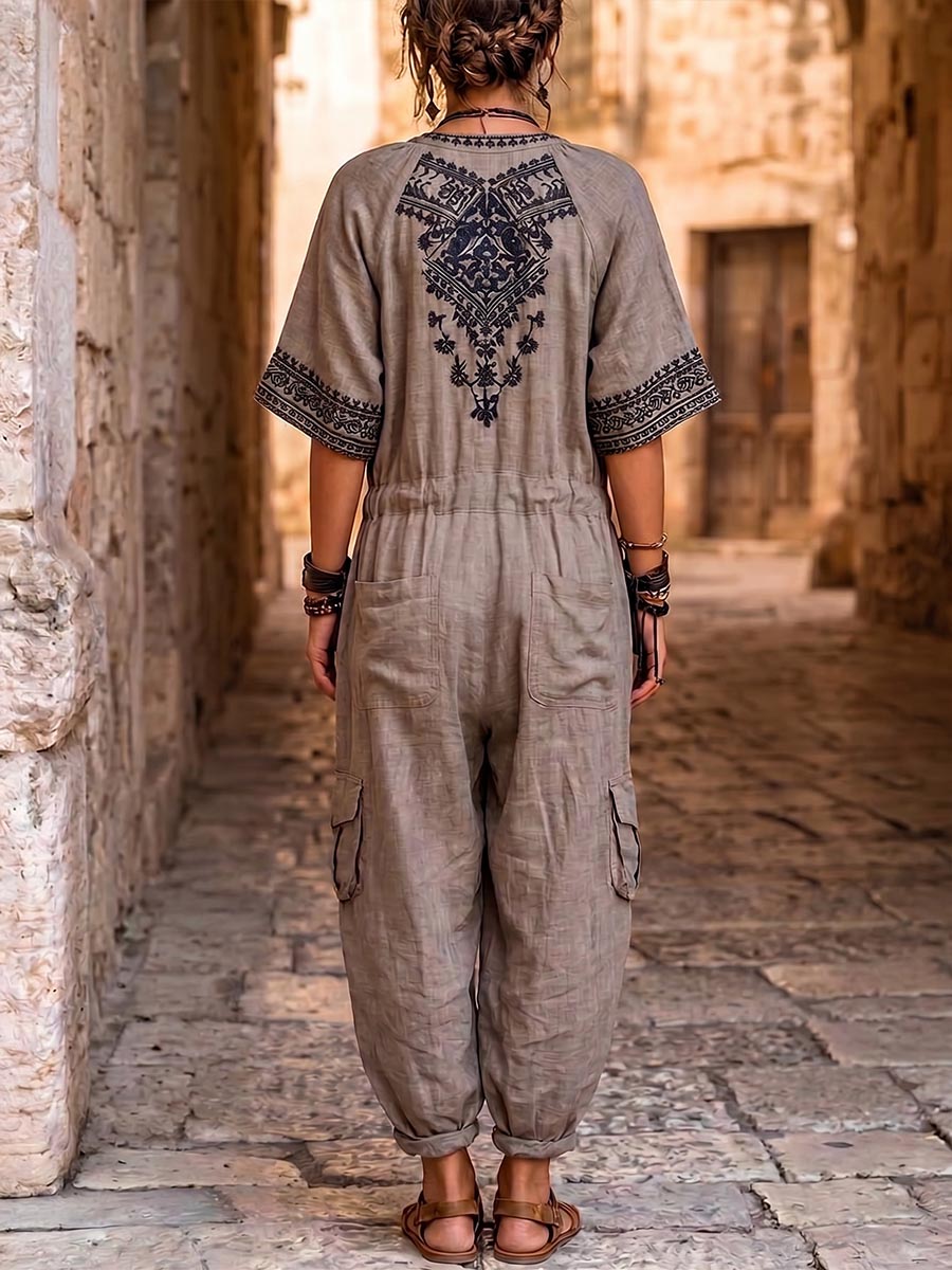 Women's Placement-print V-neck Short-sleeve Casual Loose Cotton-linen Wide-leg Jumpsuit