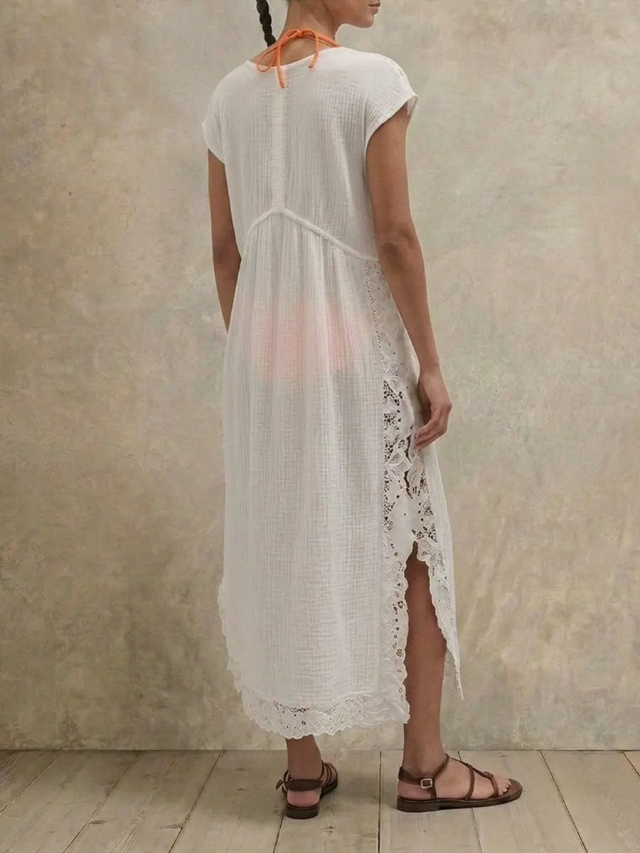 Women White Crinkled V Neck Cap Sleeve Midi Cover Up Dress, Lace Trim Side Split Beach Swimwear Kaftan for Vacation