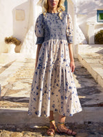 Women's Retro Floral Pattern Art Print Casual Cotton Linen Dress