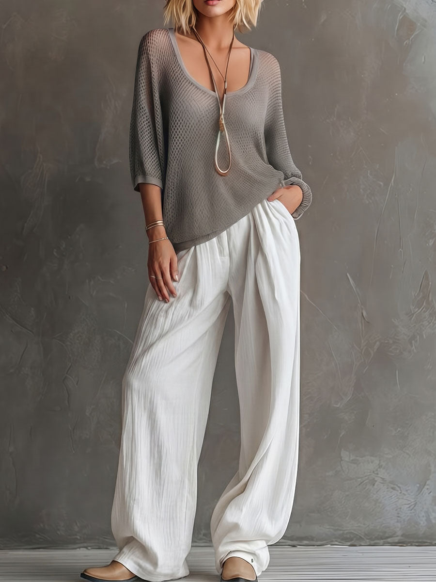 Women's U-neck 3/4-sleeve Cutout Top And Cotton-linen Pants Two-piece Set