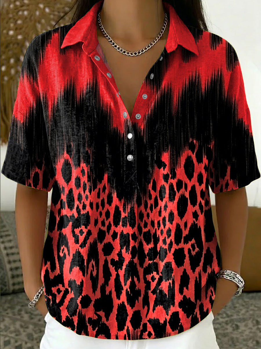 Women's Retro Color-block Leopard Print Casual Short-sleeve Cotton-linen Shirt With Polo Collar