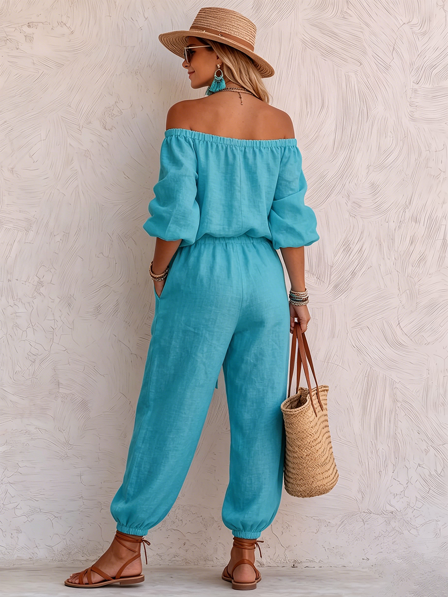 Cozy Boho Off-shoulder Cotton-linen Jumpsuit