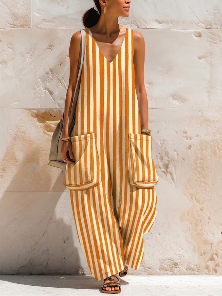 Vertical-striped V-neck Sleeveless Cotton Jumpsuit With Large Patch Pockets And A Loose Fit.
