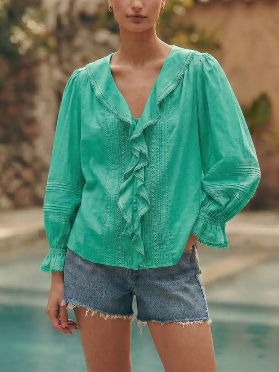 Bohemian Frill Front Button Down Shirt, Puff Sleeve Hollow Out Eyelet Peasant Blouse For Vacation Daily Wear