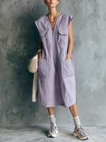 Casual Sleeveless Cotton Dress With Cargo Pockets