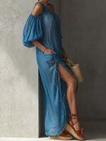 One-shoulder Off-shoulder Dress With Puff Sleeves, Pom-pom Trim, And Side Slit