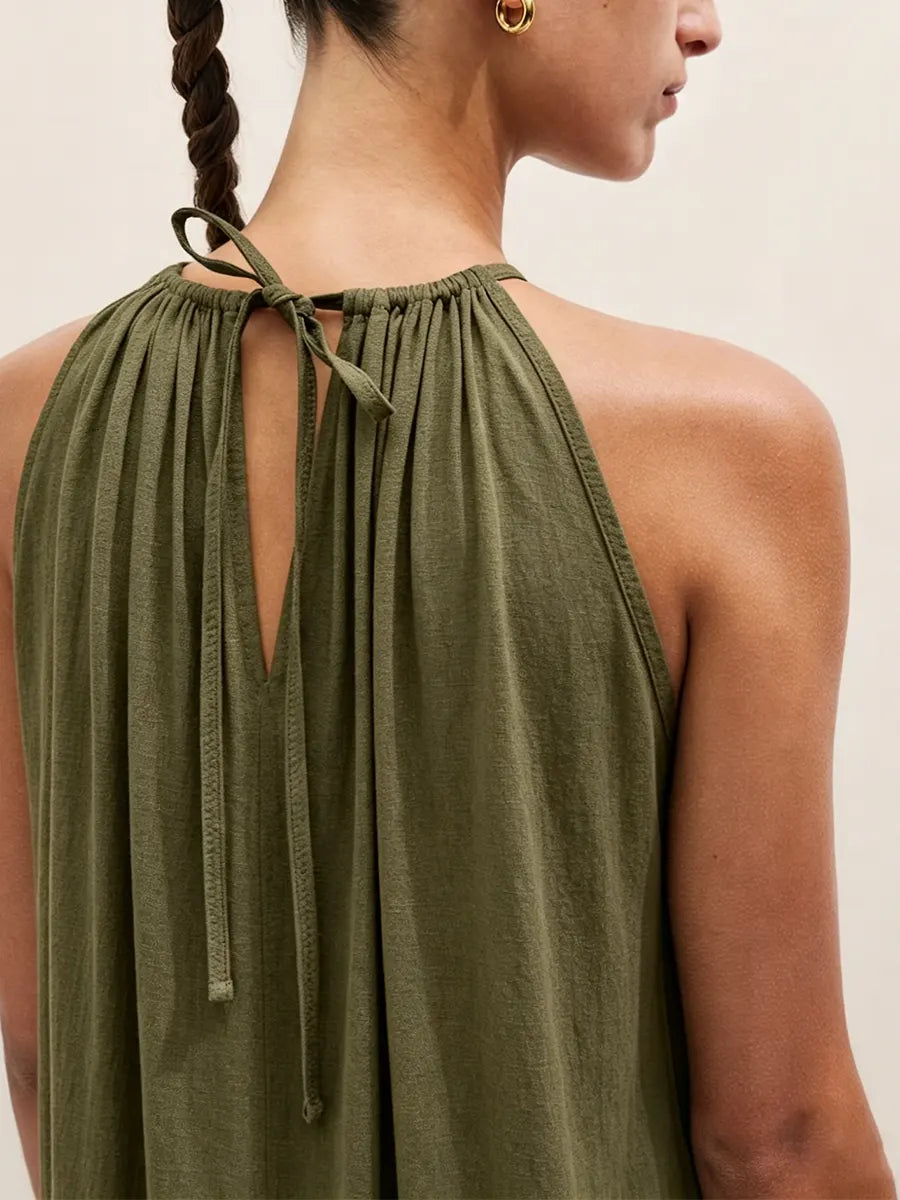 Summer Relaxed Fit HalterMaxi Dress, Oversized Linen Blend Sleeveless Swing Long Dress for Vacation Daily Wear