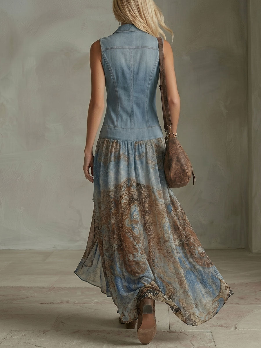 Women's Sleeveless Shirt-collar Vintage Spliced print Hem Dress