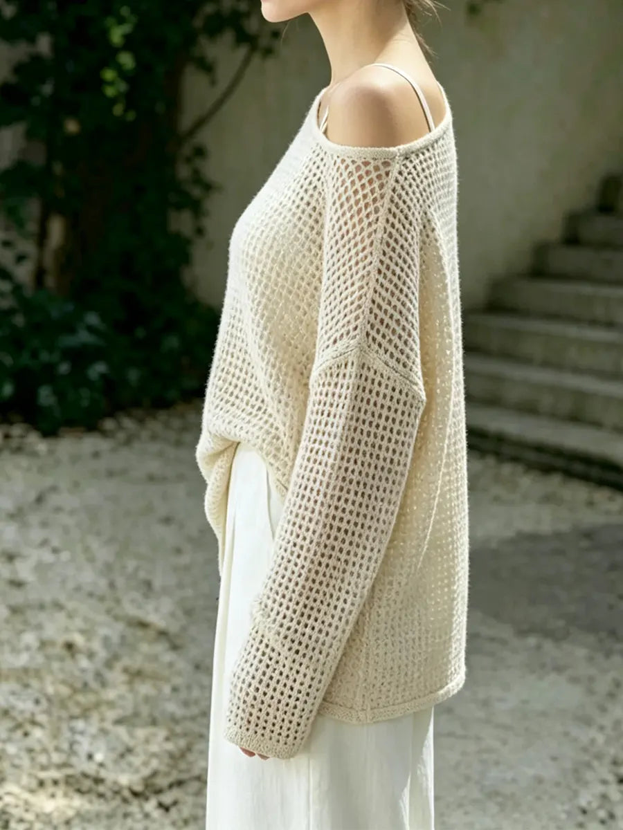 Women Beige Asymmetric Cold Shoulder Open Mesh Knit Top, Oversized Drop Shoulder Long Sleeve Hollow Out Slant Neck Loose Casual Blouse