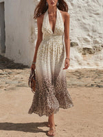Gradient Leopard Print Halter Deep V Smocked Waist Ruffle Hem Midi Dress