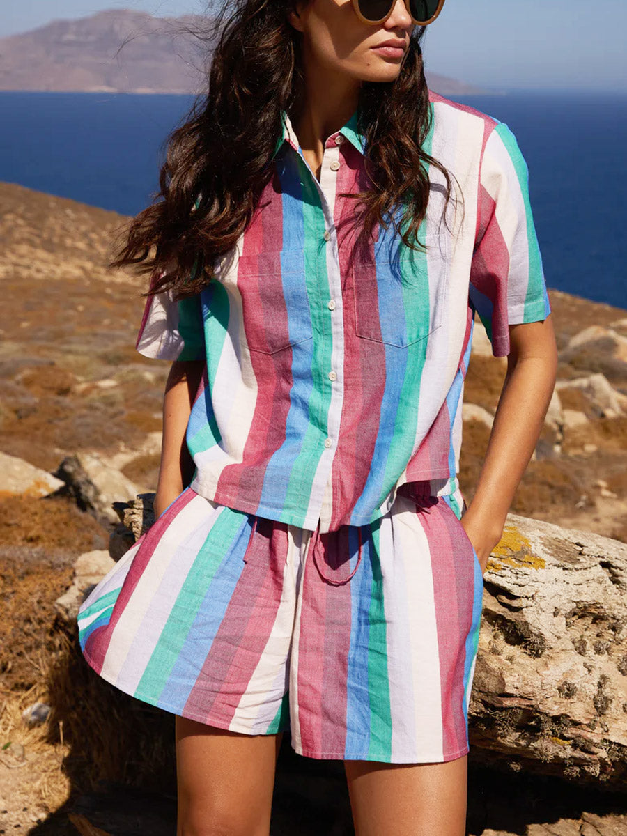 Women's Color Block Art Casual Top And Pants Breathable Cotton Linen Two-piece Set