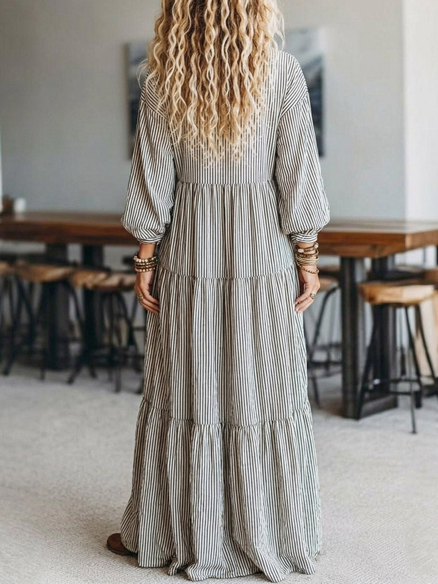 Women's Retro Striped Pattern Art Print Casual Cotton Linen Dress