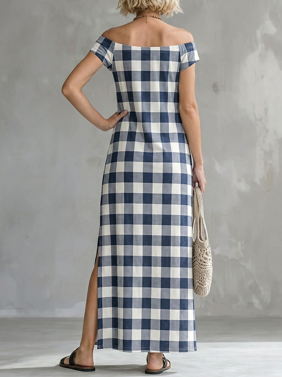 Women's Classic Plaid Off-shoulder Sleeveless Dress