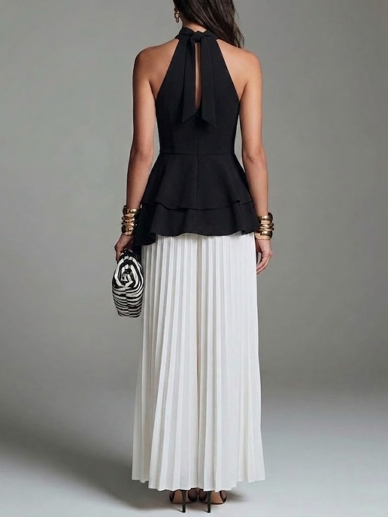 Women's Irregular Waist Ruffle Blouse With Chiffon Wide-leg Pants Set