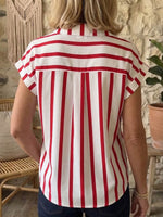 Women's Striped V-neck Short-sleeve Casual Loose Cotton-linen Shirt