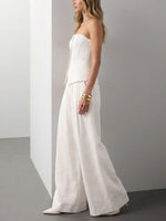 Women's Strapless Top And Wide-leg Pants Cotton And Linen Set