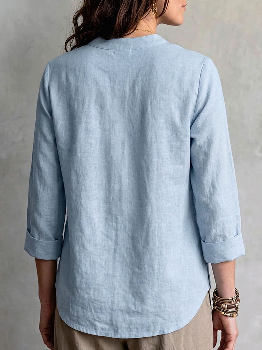 Women's Solid-color V-neck Long-sleeve Casual Loose Cotton-linen Top