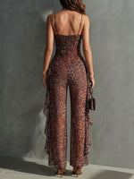 Sensual Leopard-print V-neck Spaghetti-strap Jumpsuit