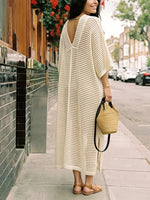 Women Deep V Neck Batwing Sleeve Open Crochet Mesh Kaftan Dress, Side Split Loose Oversized Beach Cover Up Maxi Dress