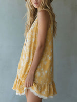 Women's Yellow Printed Silk-blend Sleeveless Mini Dress With Lace Trim And V-neck