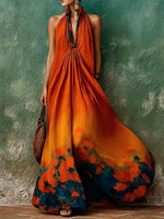 Women's Casual Loose Cotton-linen Dress With Placed Print Stand Collar And Sleeveless Design