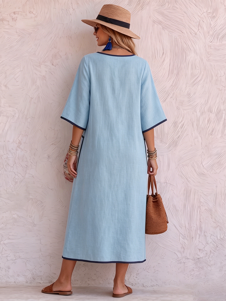 Minimalist Elegant Cotton-linen Dress With Color-contrast Trim