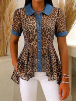 Women's Leopard Print Peter Pan Collar Short-sleeve Casual Loose Denim Cardigan With Chiffon Panels