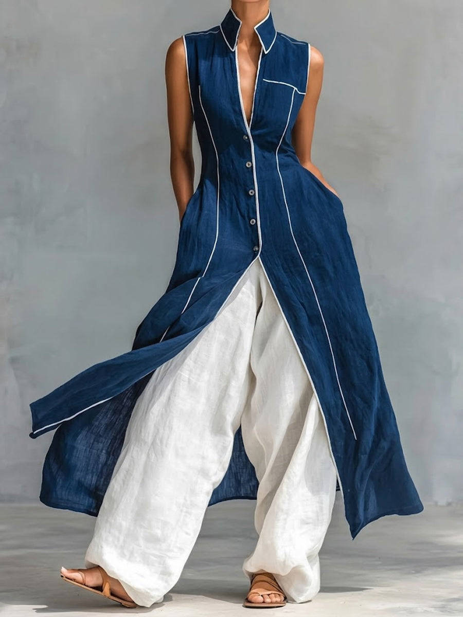 Women's Minimalist Elegant Color-block Cotton And Linen Set