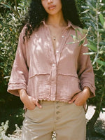 Dusty Pink Raw Edge 3/4 Sleeve Cropped Button Down Casual Shirt