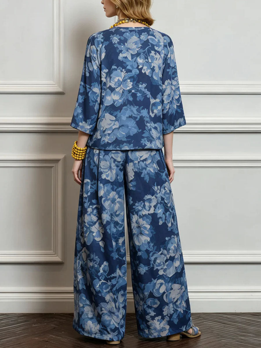 Women's Vintage-print Round-neck 3/4-sleeve Loose-fit Cotton-linen Top & High-waisted Wide-leg Pants Set