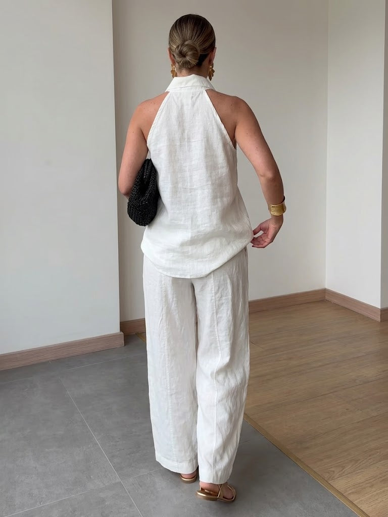 Stylish And Casual Sleeveless Linen-cotton Top And Trousers Two-piece Set