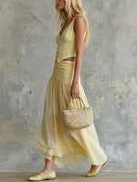 Women's Yellow Sleeveless V-neck Vest And Chiffon Skirt Set
