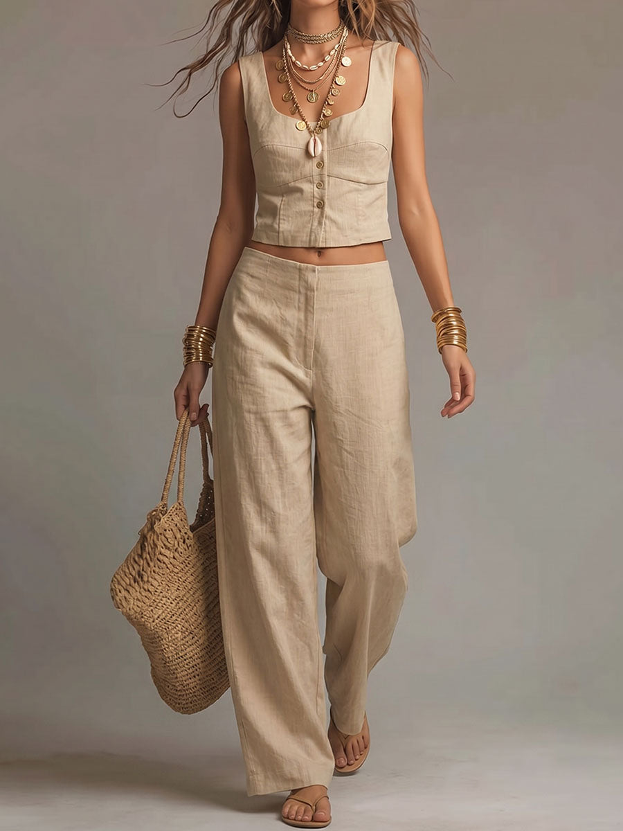 Women's square-neck sleeveless cropped cotton-linen top and trousers set