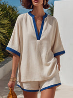 Vacation-style Vintage Blue Floral Print Cotton-linen Two-piece Set