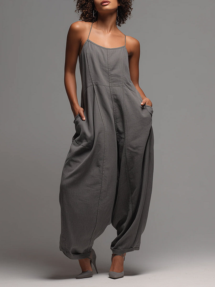 Women's Solid-color Casual Loose Cotton-linen Wide-leg Jumpsuit With Spaghetti Straps