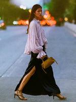 Women Vintage Pleated Frill Mandarin Collar Voluminous Bishop Sleeve Blouse