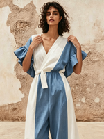 Elegant Ruffled Color-block Cotton-linen Wide-leg Jumpsuit