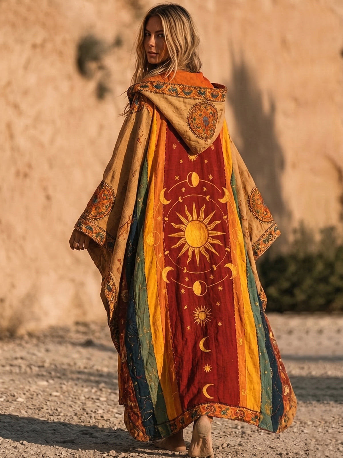 Boho Star & Moon Print Cotton-linen Hooded Dress