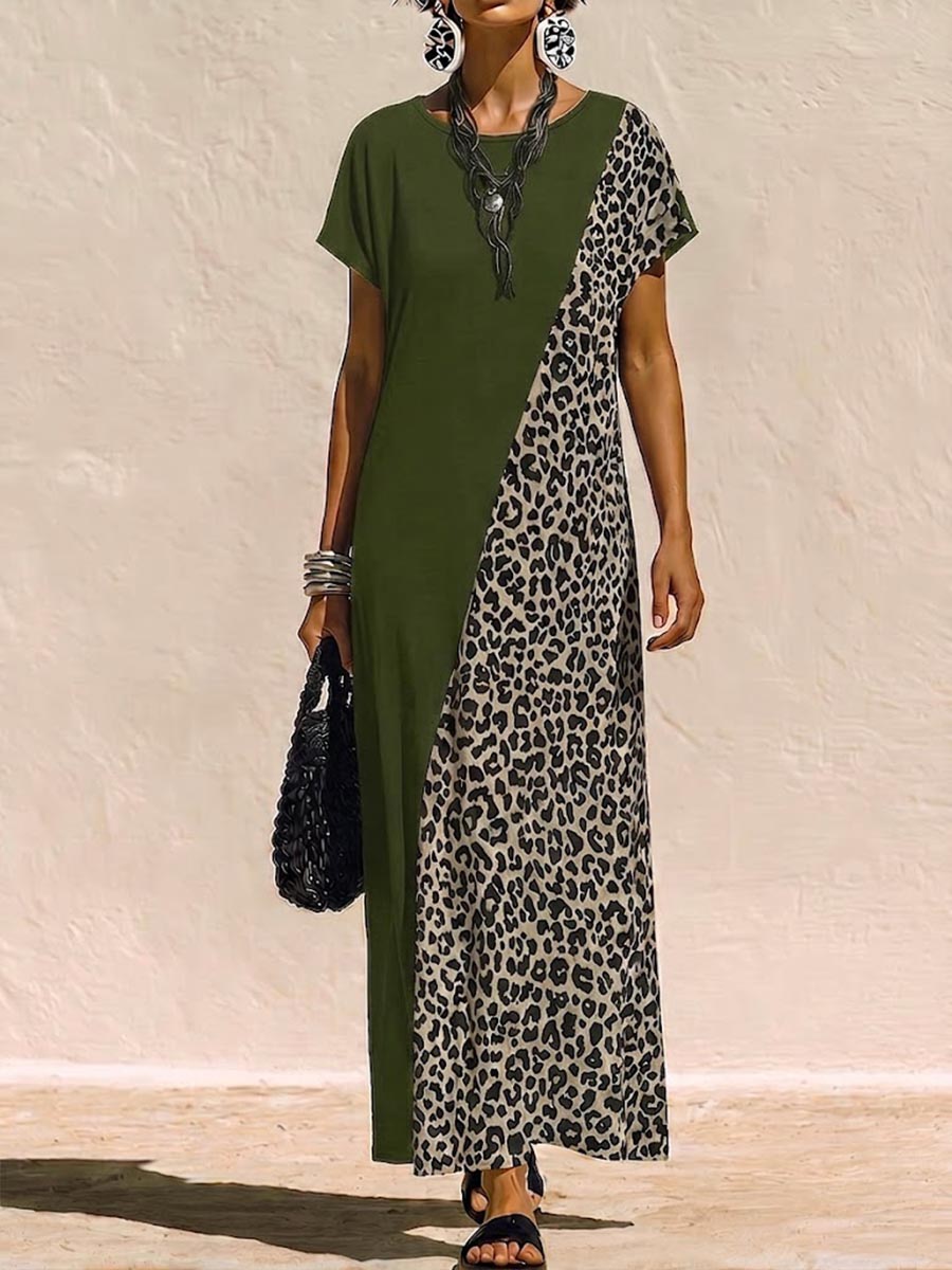 Women's Leopard Print Cotton-linen Casual Loose-fit Dress With Round Neck And Short Sleeves