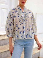 Women's Floral Ruffled Art Casual Stylish Cotton Linen Shirt